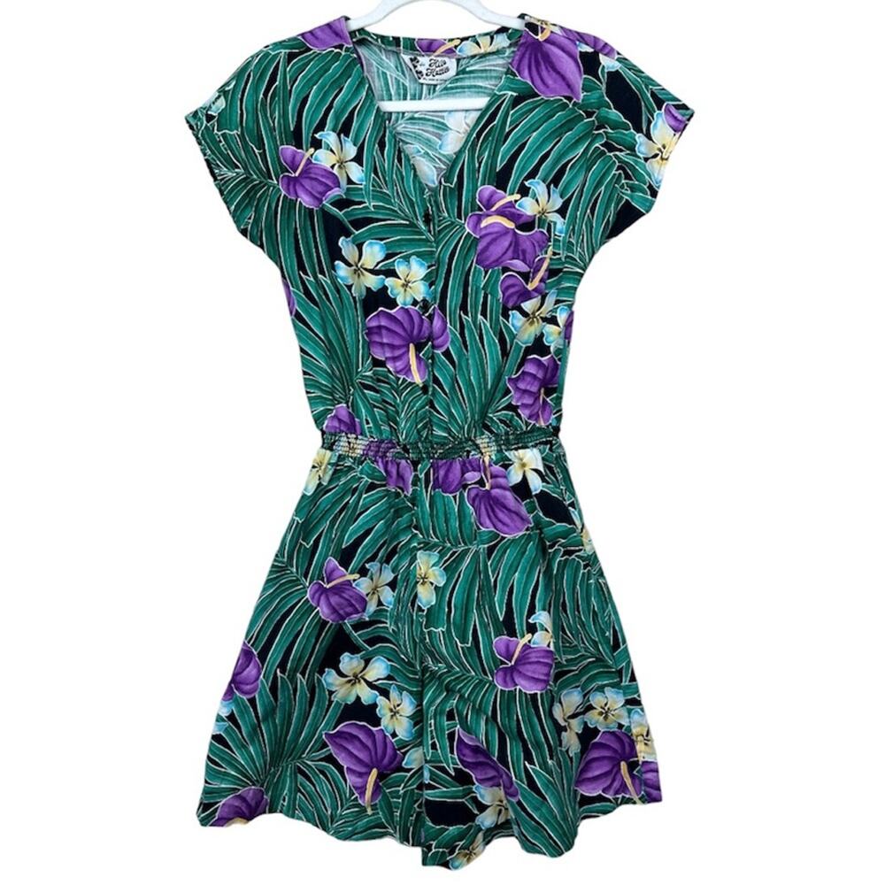 VTG 80s Hilo Hattie Sz M Romper Hawaiian Tropical Floral Print Green Purple Palm